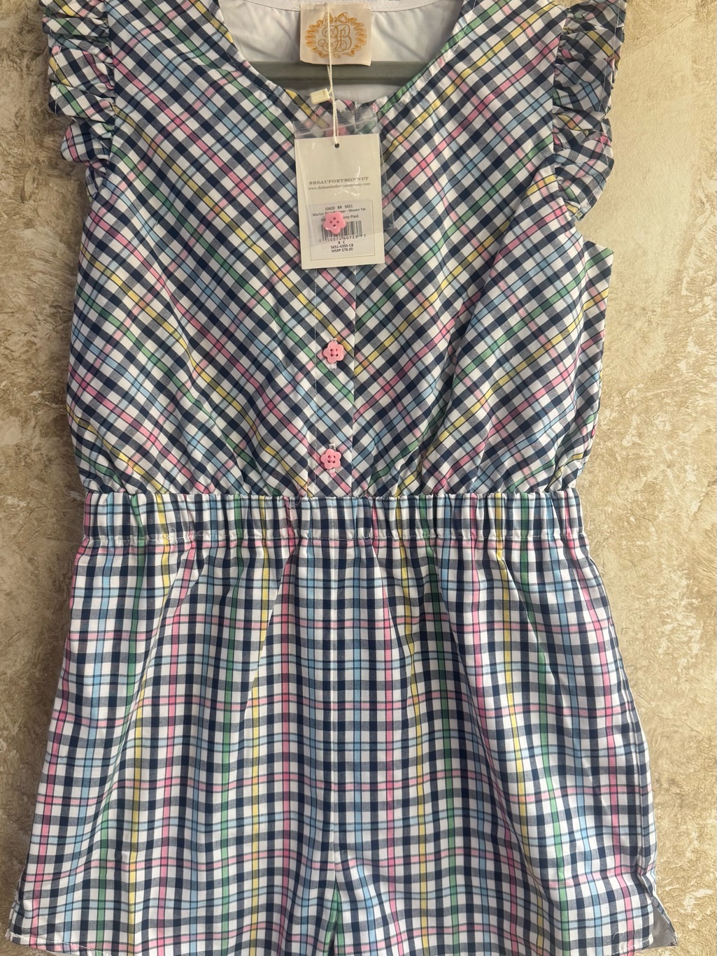 Tbbc Plaid Ruffled Sleeve Romper In Navy, Pink, Yellow & Green